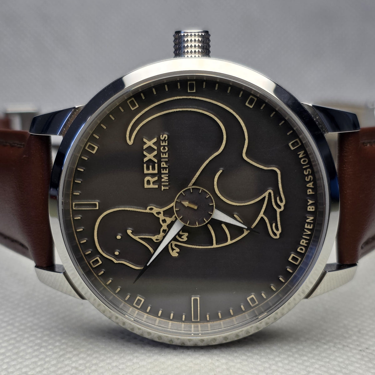Front view of the REXX dinosaur watch in its 42mm stainless-steel case