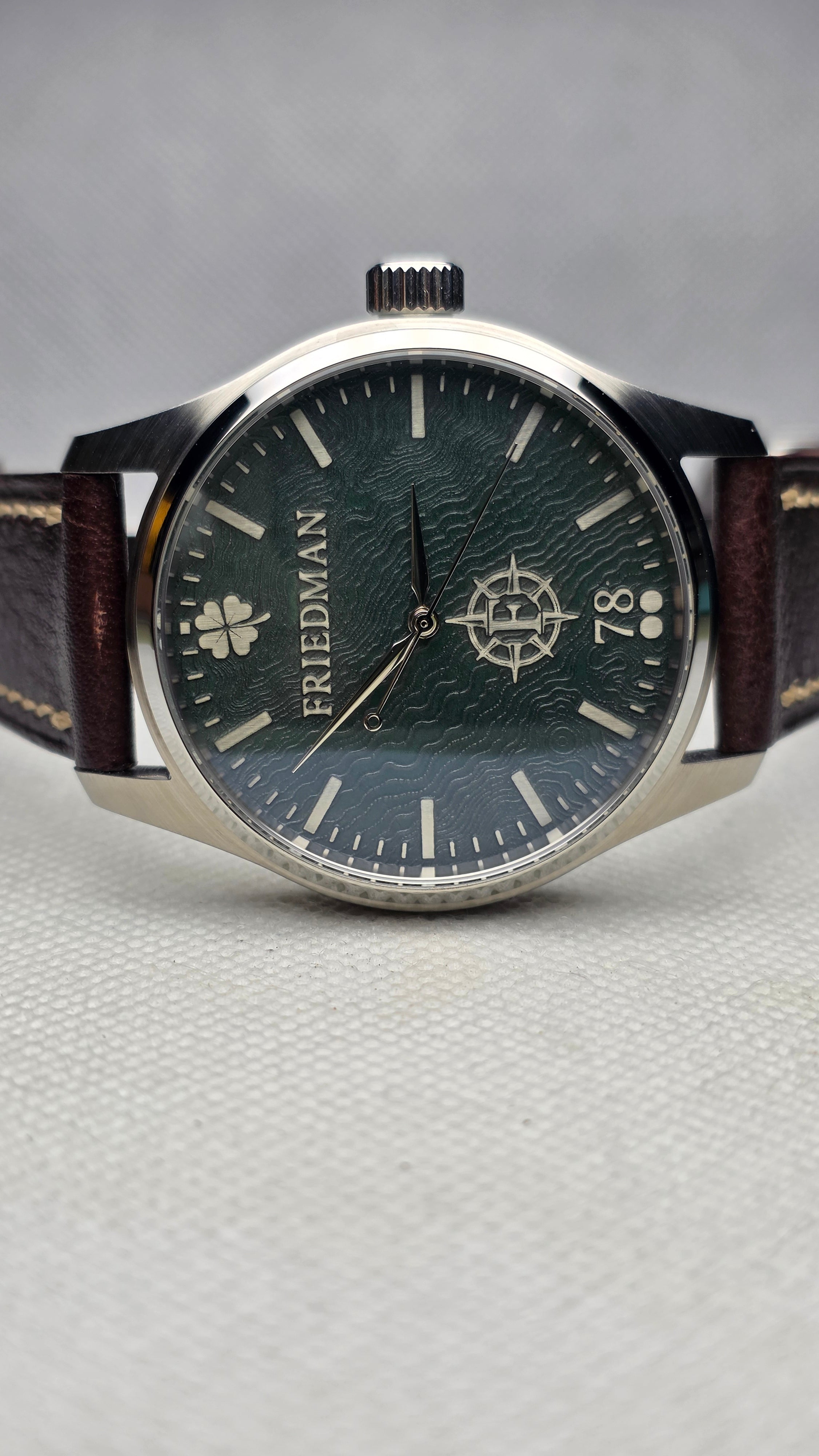 Green Friedman 78 personalized custom watch with engraved lettering and symbols