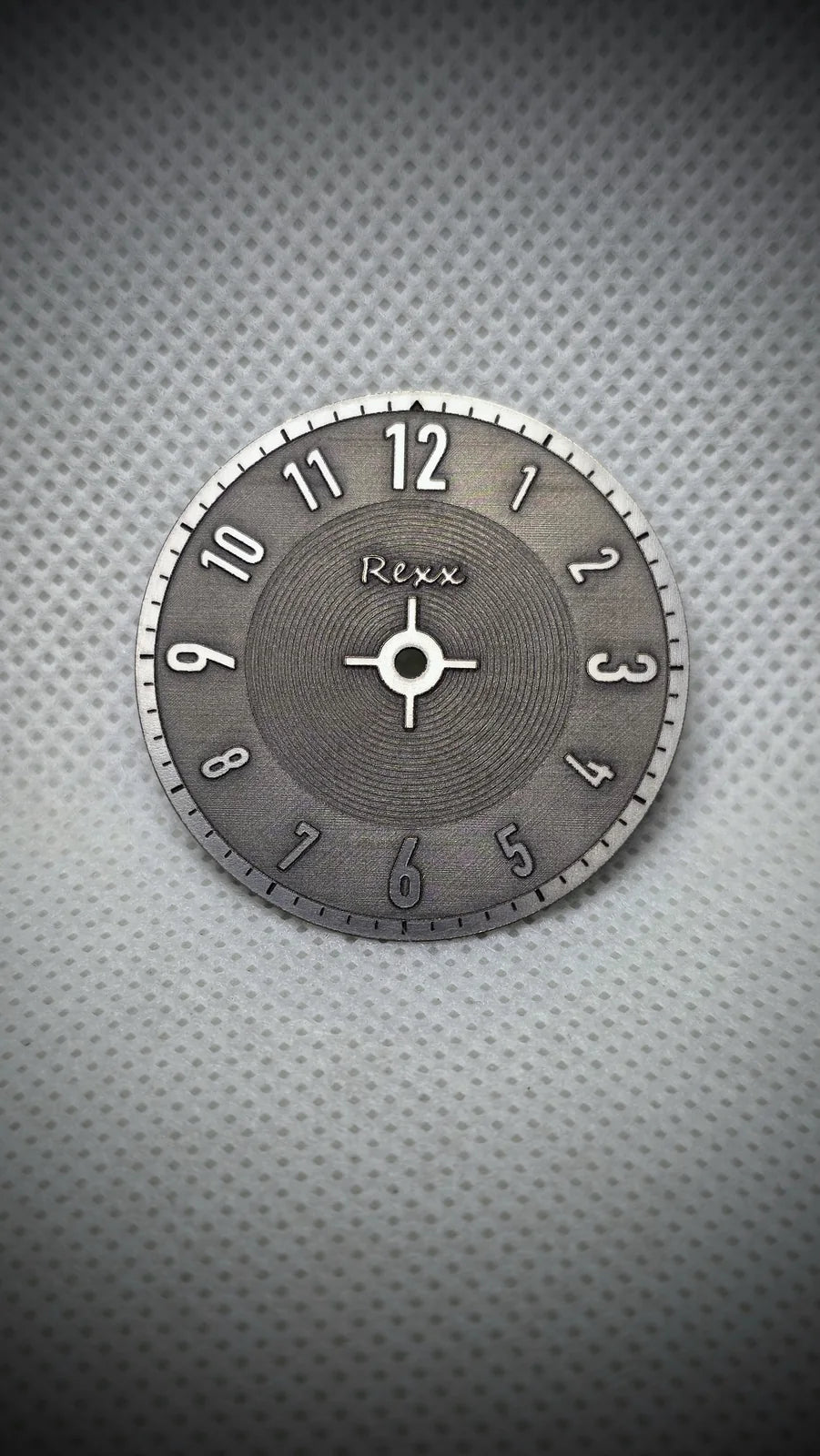 Dark engraved Iron Cockpit dial with raised Arabic numerals