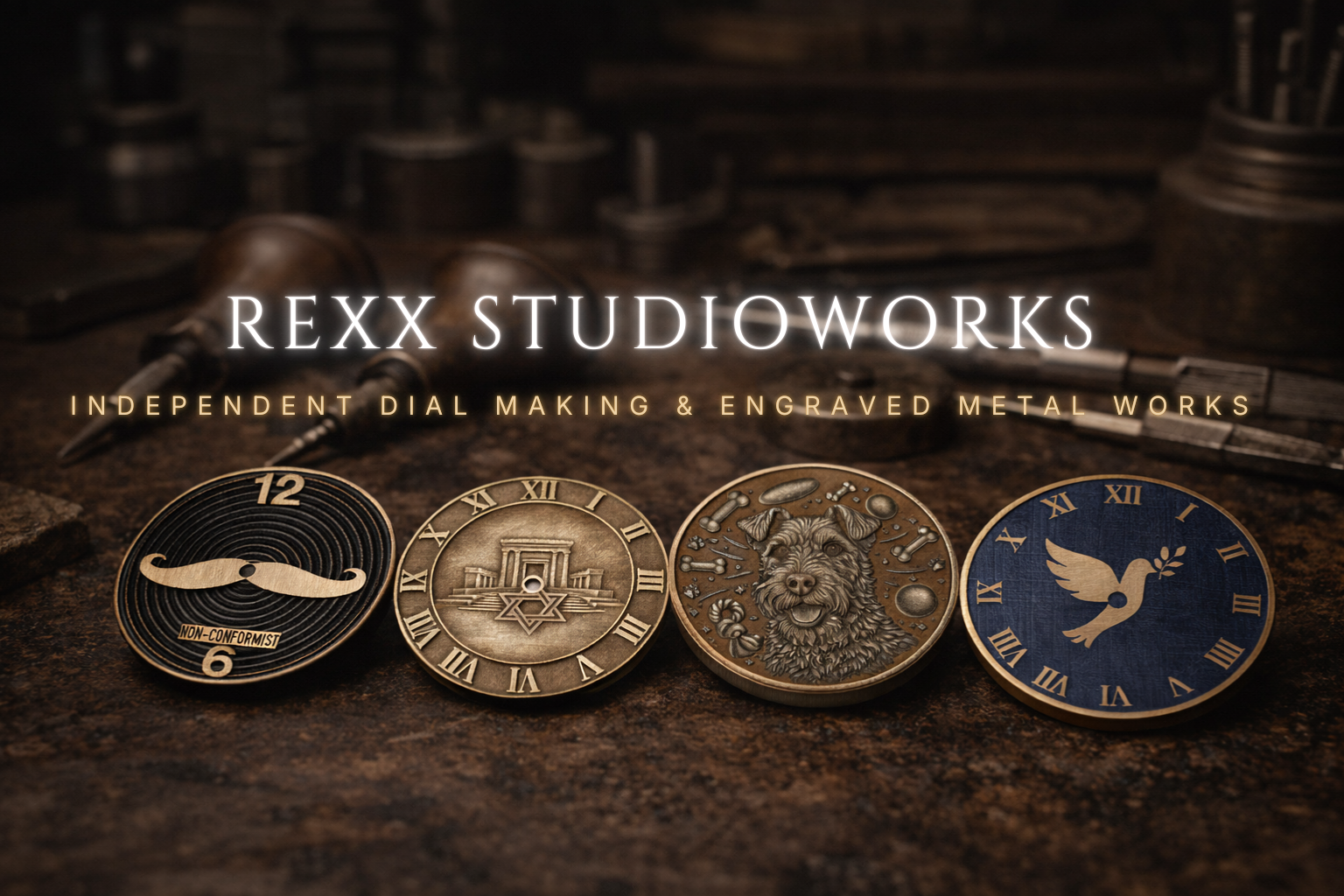 Handcrafted custom watch dials by Rexx StudioWorks displayed on a watchmaker’s workbench, showcasing artisanal engraving and metal finishing
