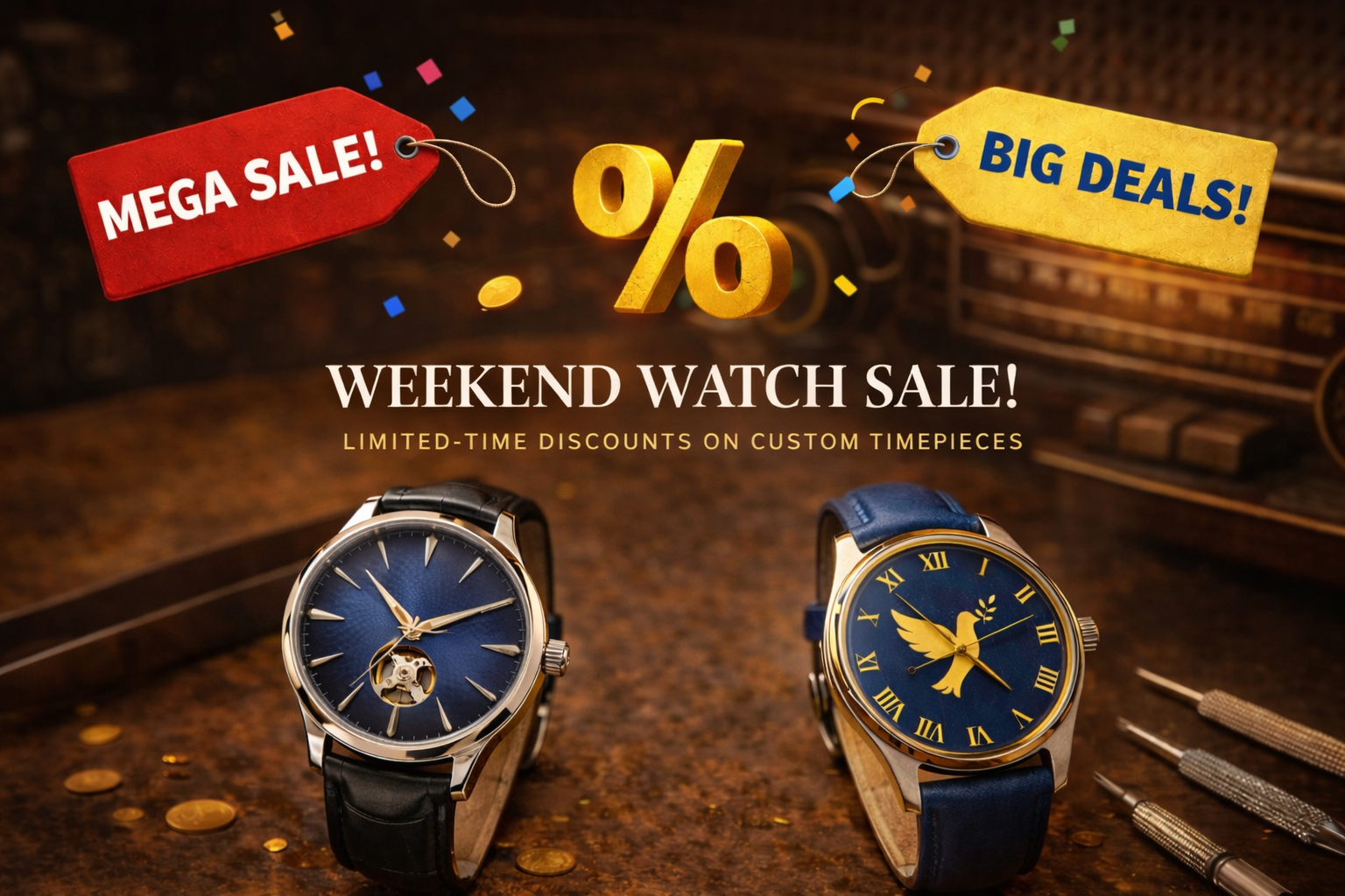 Rexx Timepieces custom watches weekend sale featuring blue open-heart dial and navy Roman numeral watch