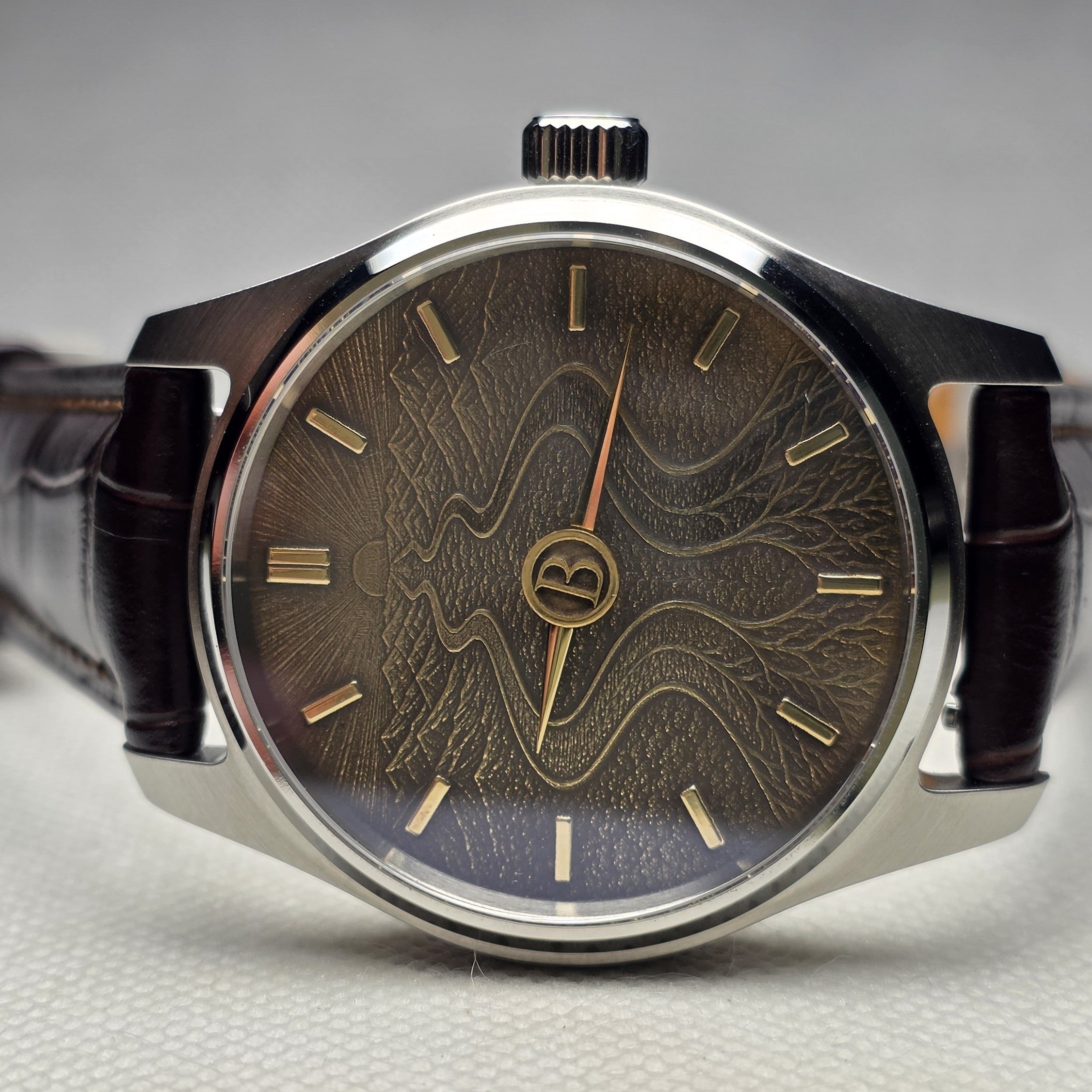 Close-up of a Rexx custom mechanical watch with a dark textured dial and gold-tone markers