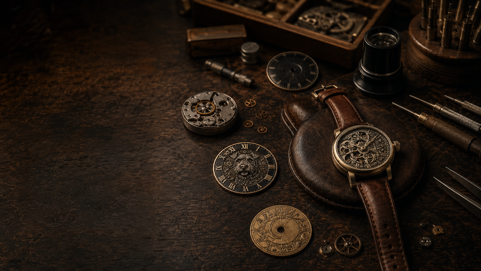 Custom mechanical watch, engraved dials, tools, and movement parts on the Rexx Timepieces workshop bench